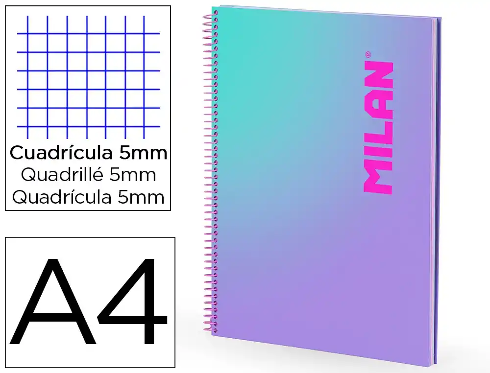 [801633] Cuaderno espiral milan coleccion sunset din a4 tapa dura 90 hojas 95 gr cuadricula 5 mm lila