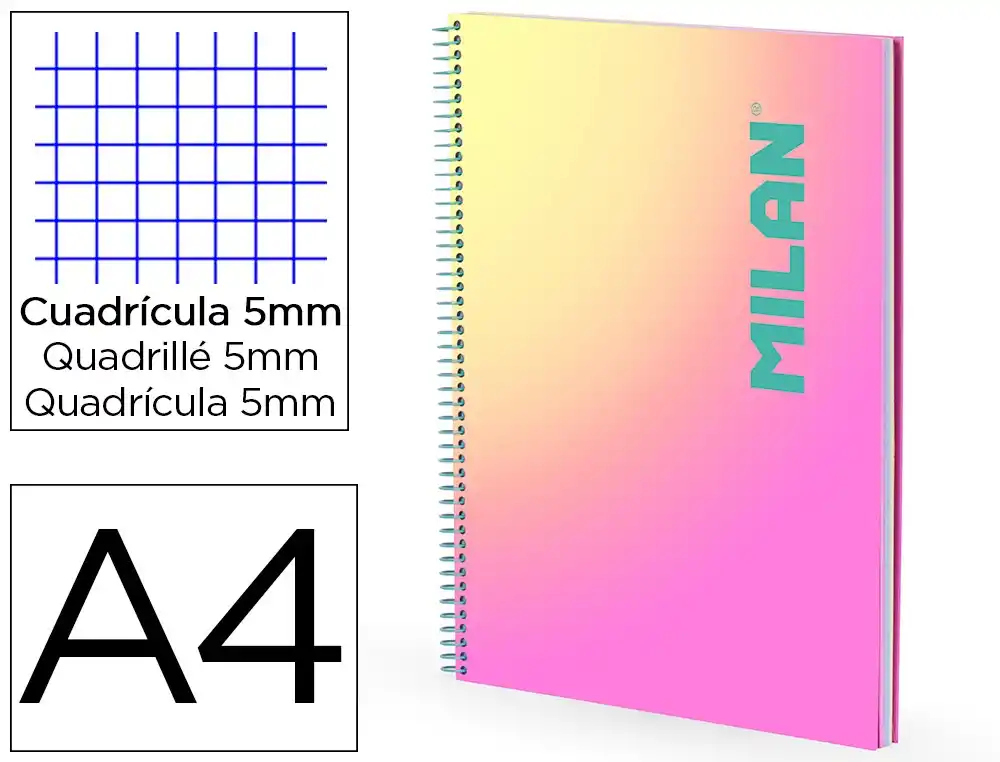 [801630] Cuaderno espiral milan coleccion sunset din a4 tapa dura 90 hojas 95 gr cuadricula 5 mm rosa