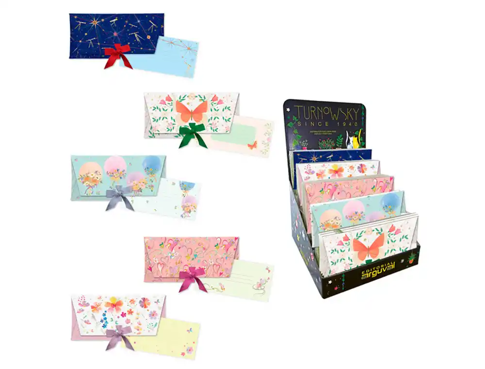 [223443] Sobres de regalo arguval con lazo + tarjeta 4 modelos papel 250 gr con relieve y holografia 23x11 cm