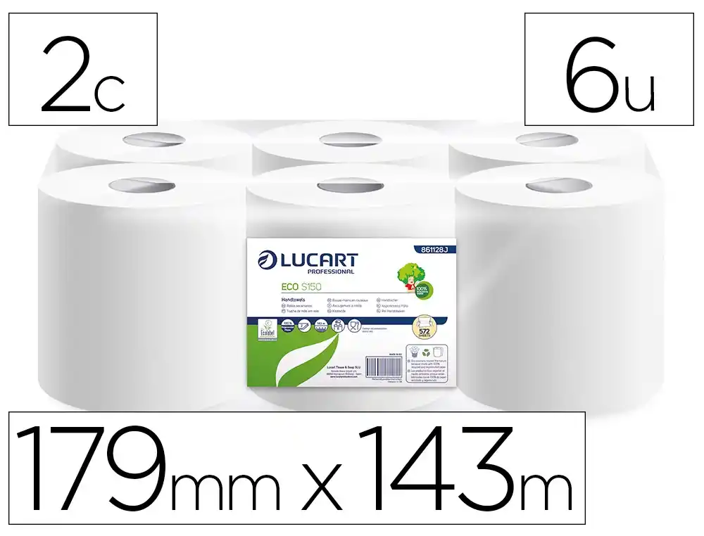 [176489] Papel secamanos lucart reciclado 16,5 g 2 capas 179 mm x 143 m paquete de 6 rollos