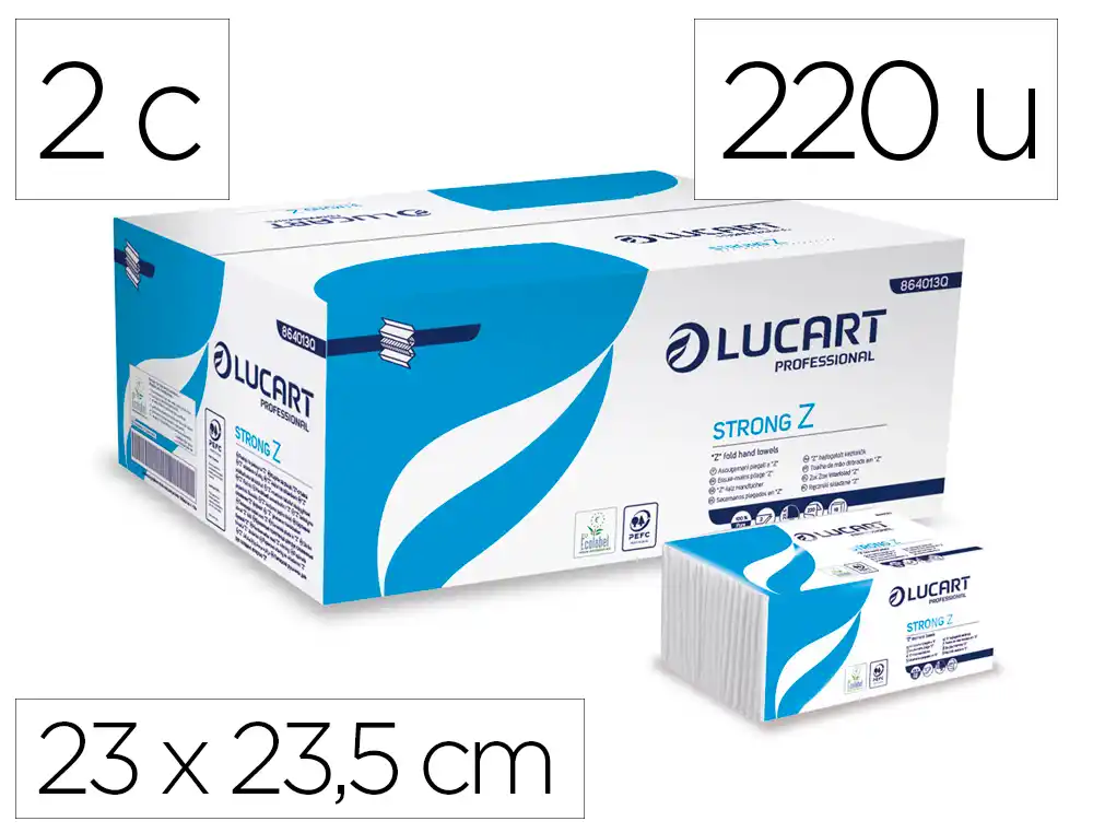 [176488] Toalla secamanos lucart celulosa virgen 22 g 2 capas plegado en z 23x23,5 cm caja de 18 paquete de 220 unidades
