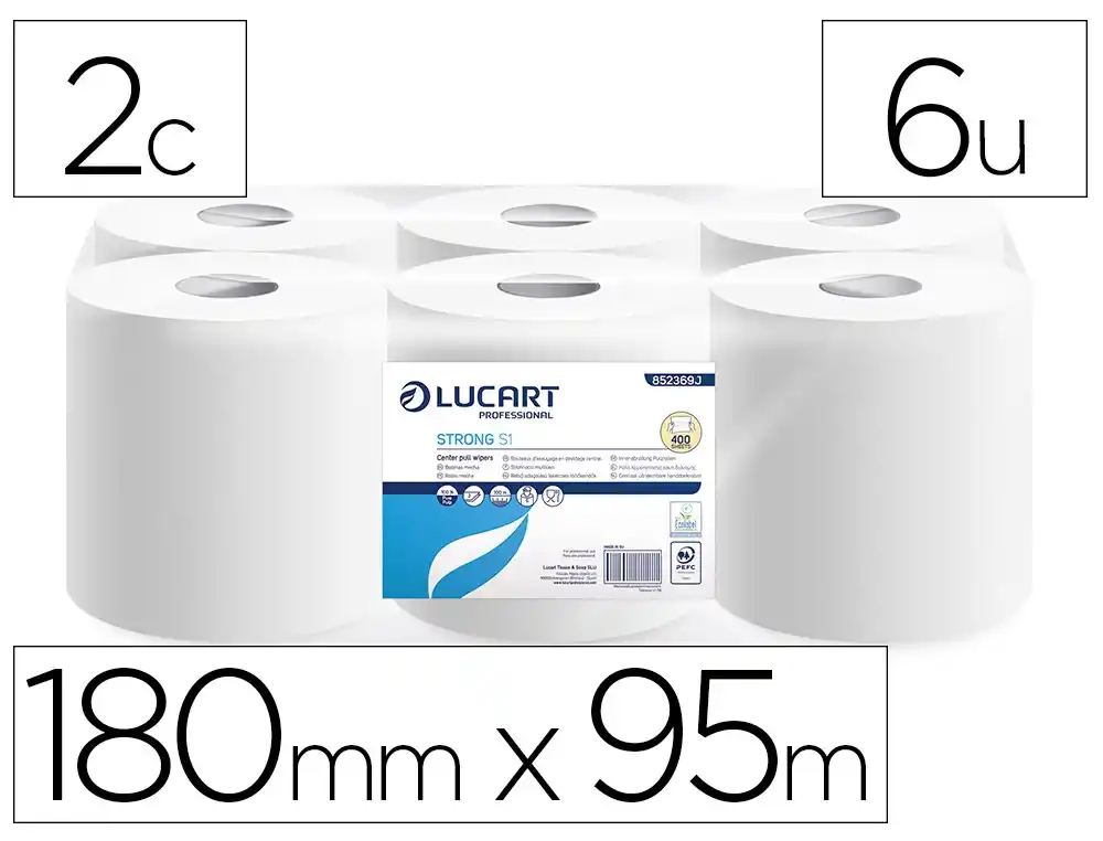 [176486] Papel secamanos lucart celulosa virgen 16,5 g 2 capas 180 mm x 95 m paquete de 6 rollos