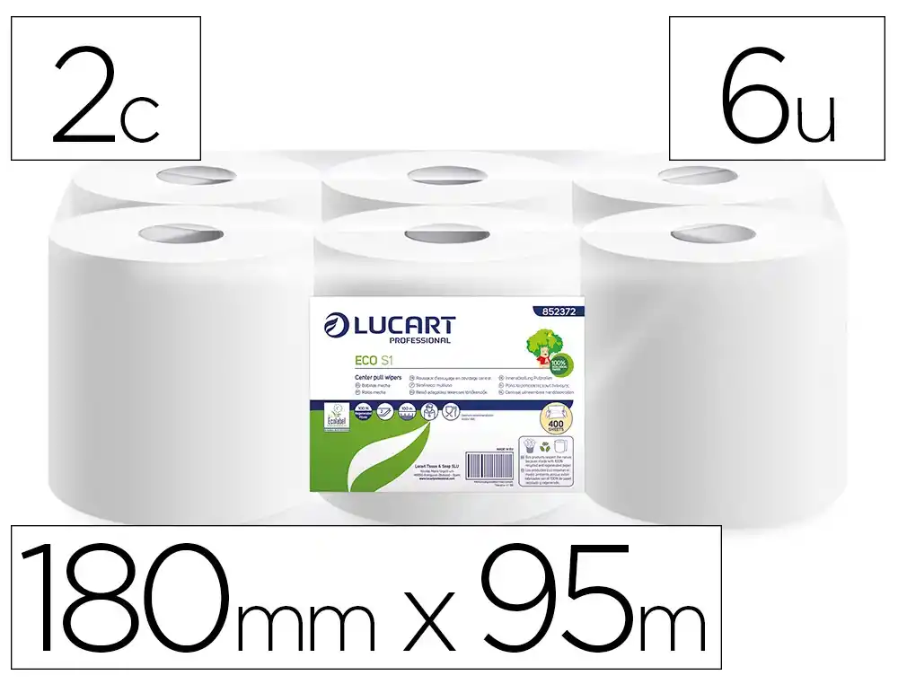 Papel secamanos lucart ecologico 16,5 g 2 capas 180 mm x 95 m paquete de 6 rollos