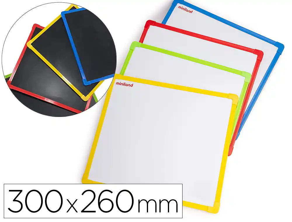 [176215] Pizarra blanca miniland metalica magnetica doble cara marco de plastico 300x260 mm set de 4 unidades