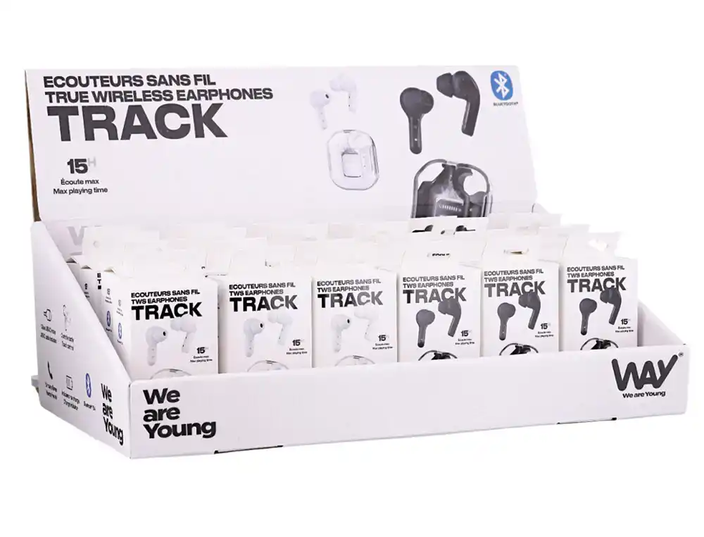 [175967] Auriculares track tws con estuche de carga expositor de 12 unidades blanco + 12 color negro