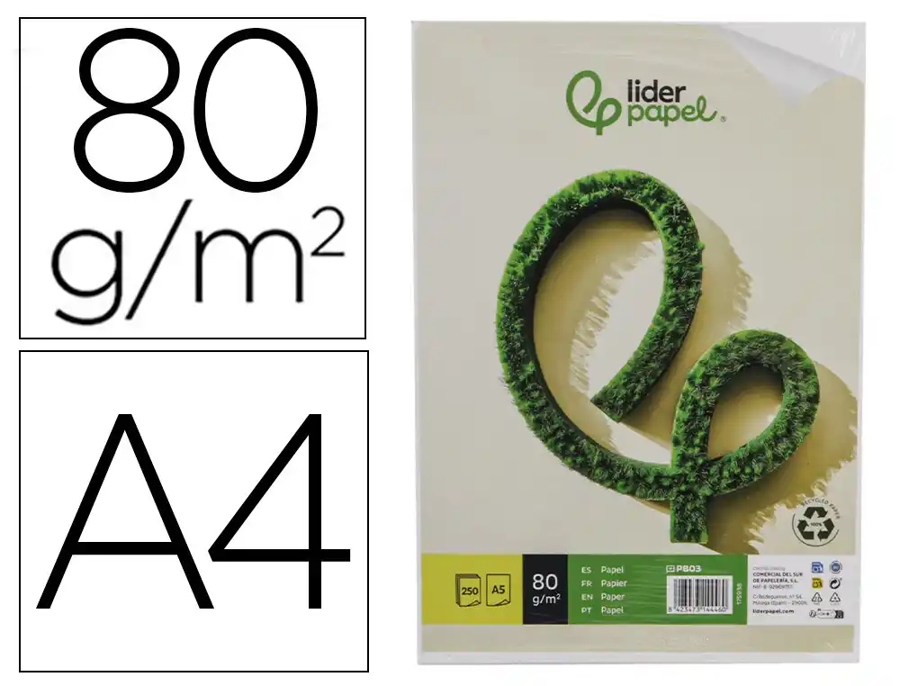 [175938] Papel liderpapel din a5 reciclado 80 gr paquete de 250 hojas