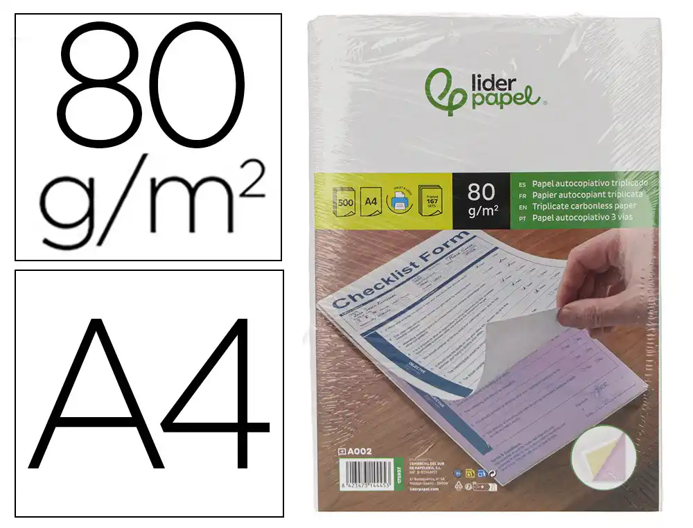 [175937] Papel autocopiativo liderpapel din a4 prealzado triplicado blanco amarillo y rosa 80 g 500 hojas 167 juegos