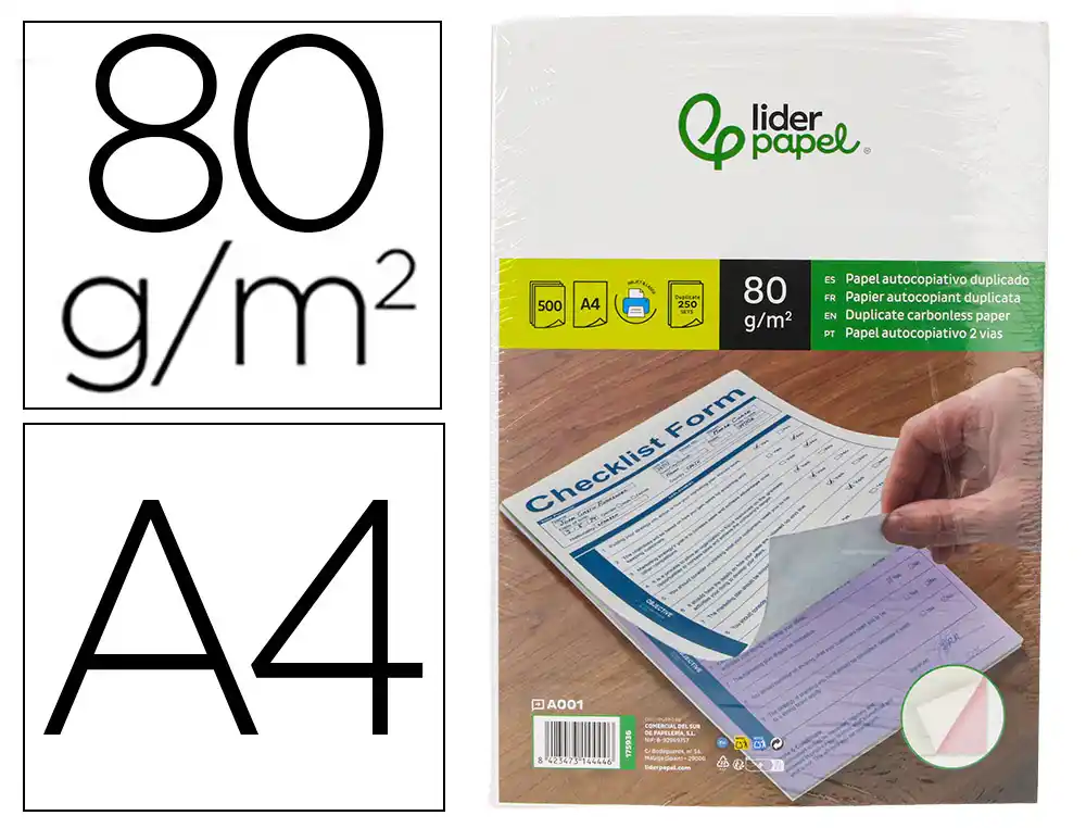 [175936] Papel autocopiativo liderpapel din a4 prealzado duplicado blanco y rosa 80 g 500 hojas (250 juegos)