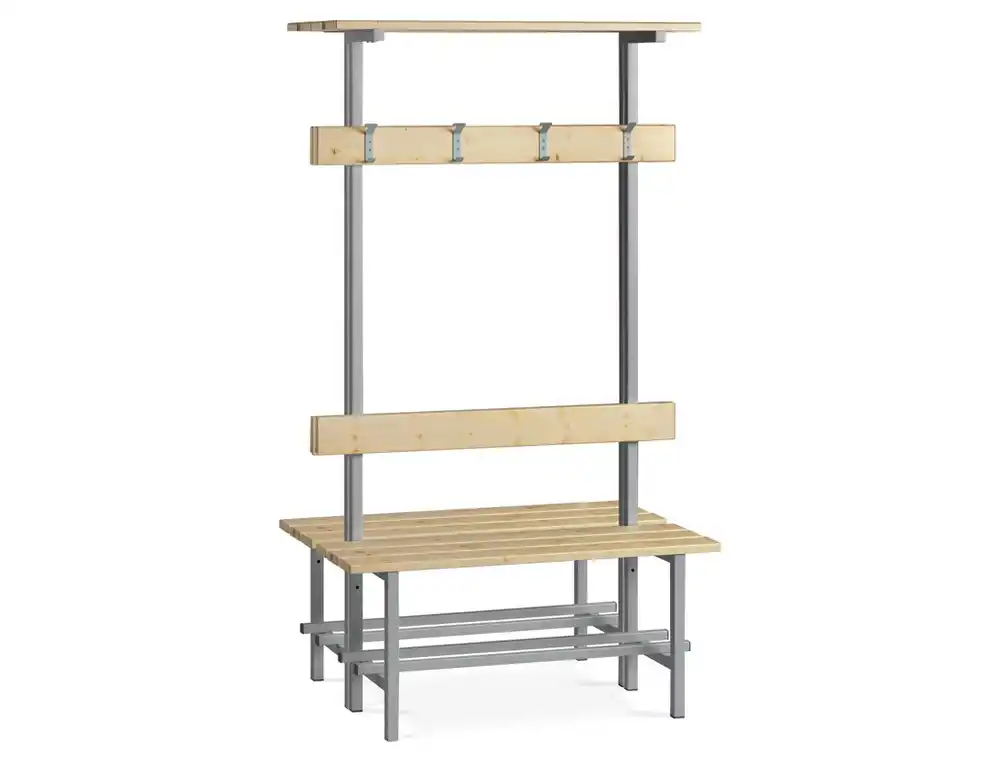 [175831] Banco de madera doble con zapatero y perchero superior estructura acero y listones de pino barnizados 1500 mm