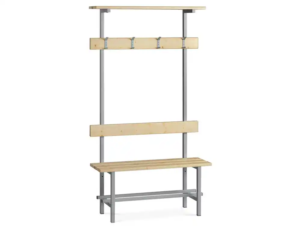 [175827] Banco de madera con zapatero y perchero superior estructura acero y listones de pino barnizados 1000 mm