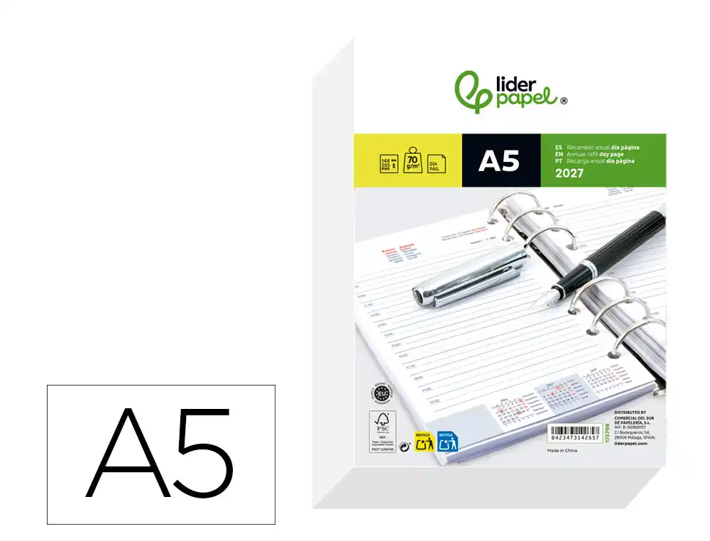 [175799] Recambio agenda anillas liderpapel 2027 din a5 148x205 mm dia pagina bilingue 70 g papel fsc
