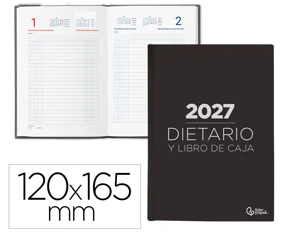 [175798] Dietario liderpapel 2027 octavo 120x165mm dia pagina bilingue color negro papel 70 g fsc