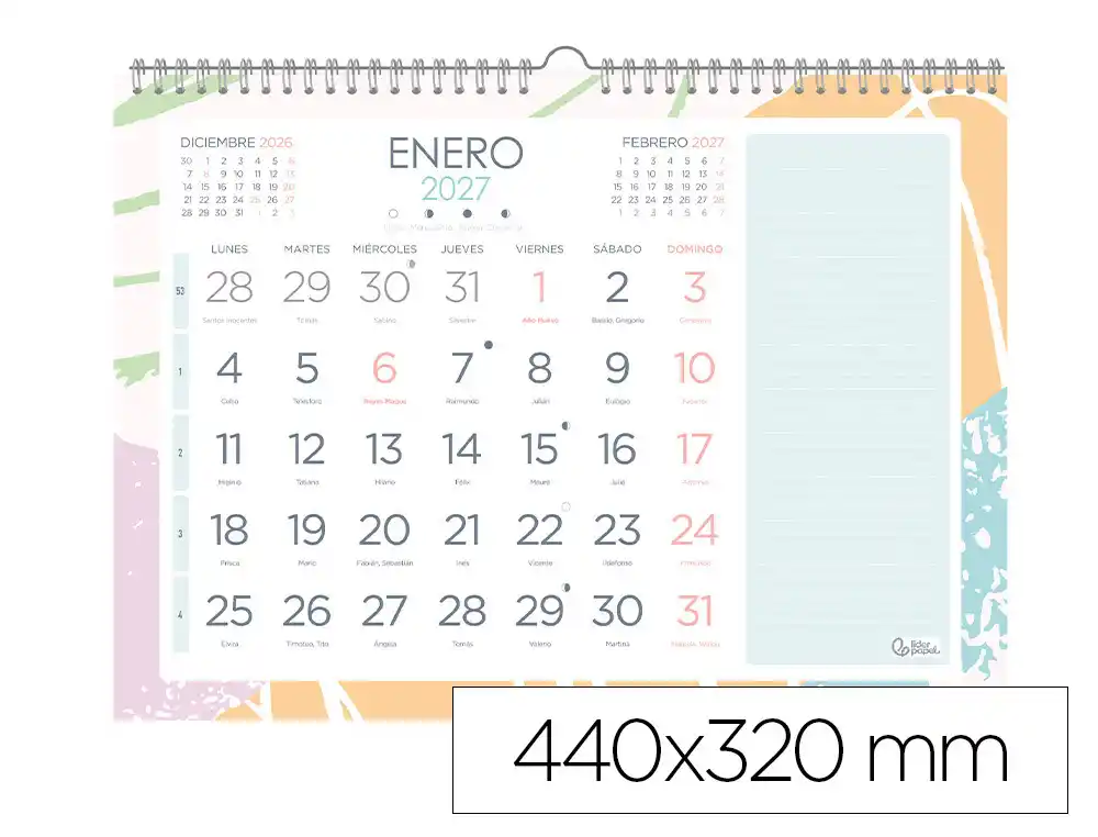 [175762] Calendario espiral pared liderpapel joven 2027 numeros grandes 440x320 mm papel 128 g con pegatinas