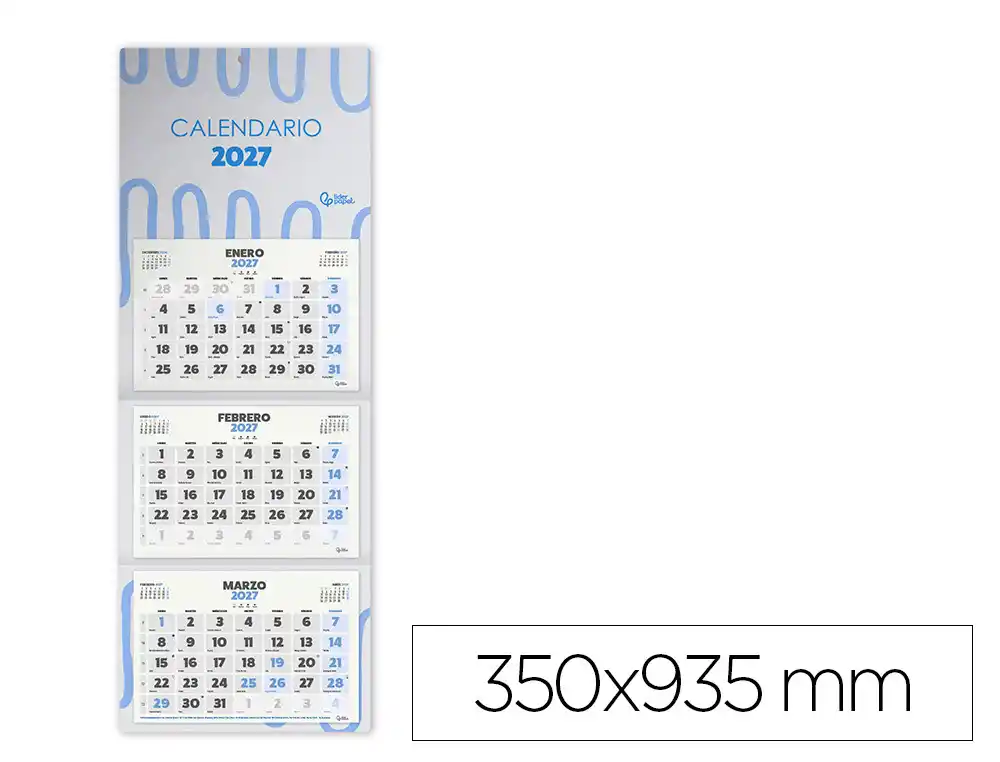 Calendario pared liderpapel 3 meses vista 2027 plegable 330x700 mm papel 105 g