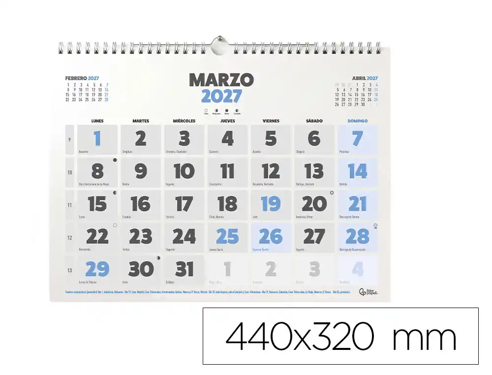 [175753] Calendario espiral pared liderpapel clasico 2027 numeros grandes 440x320 mm papel 120 g
