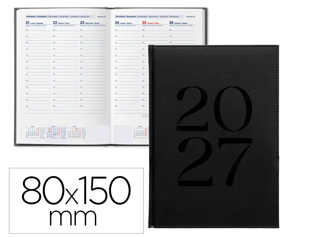 Agenda oficina liderpapel 2027 encuadernada creta semana vista 80x150 mm bilingue 70g papel fsc negro