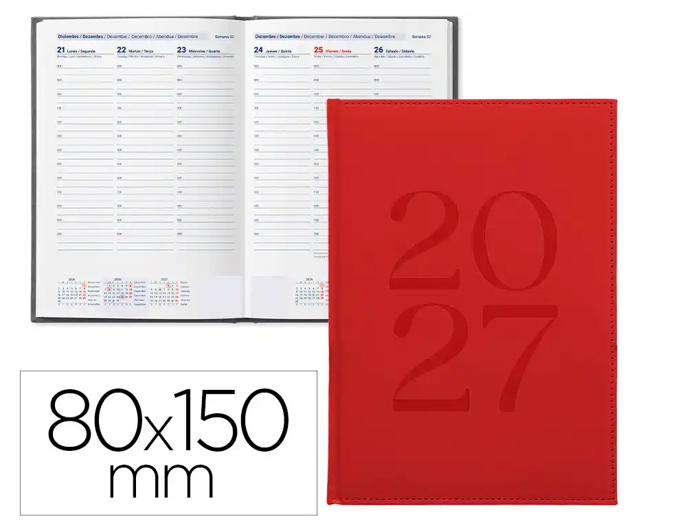 Agenda oficina liderpapel 2027 encuadernada creta semana vista 80x150 mm bilingue 70g papel rojo tapa