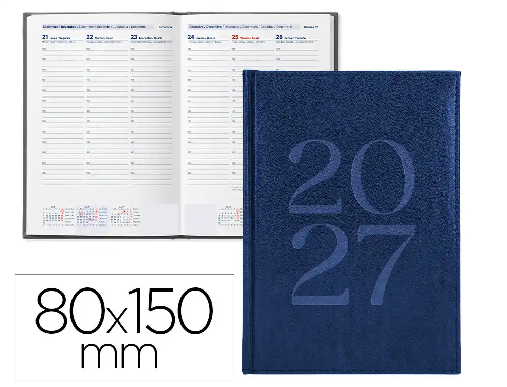 Agenda oficina liderpapel 2027 encuadernada creta semana vista 80x150 mm bilingue 70g papel fsc azul