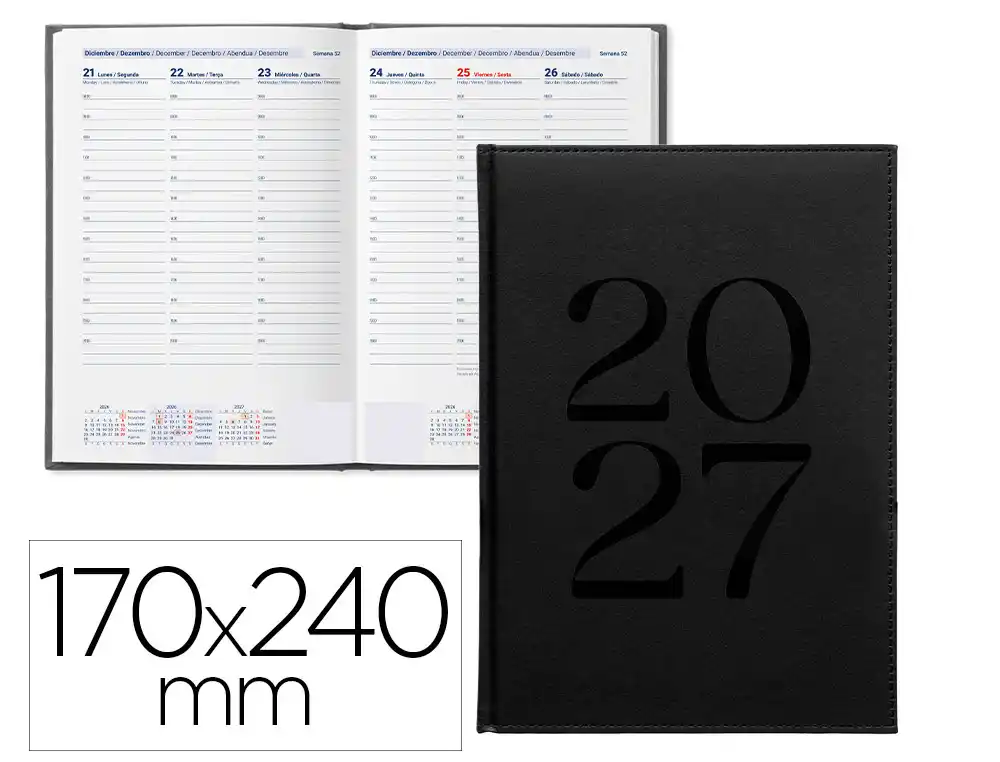Agenda oficina liderpapel 2027 encuadernada creta semana vista 170x240 mm bilingue 70g papel fsc negro