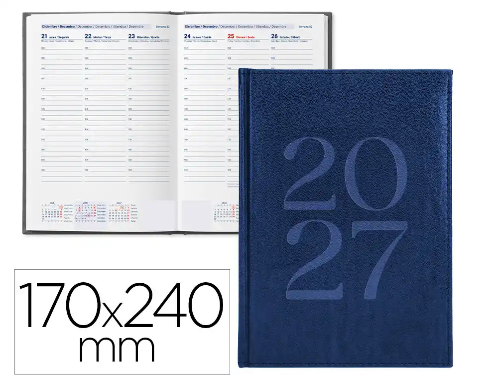 Agenda oficina liderpapel 2027 encuadernada creta semana vista 170x240 mm bilingue 70g papel fsc azul