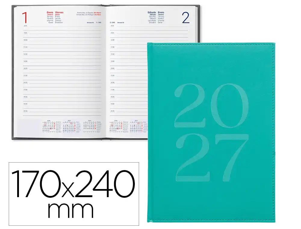 Agenda oficina liderpapel 2027 encuadernada creta dia pagina 170x240 mm bilingue 70g papel fsc turquesa