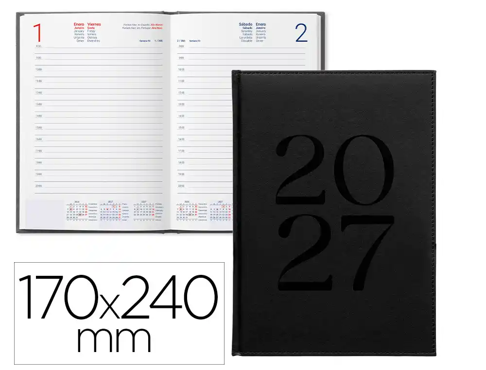Agenda oficina liderpapel 2027 encuadernada creta dia pagina 170x240 mm bilingue 70g papel fsc negro