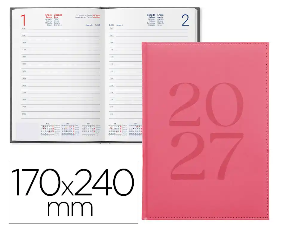 Agenda oficina liderpapel 2027 encuadernada creta dia pagina 170x240 mm bilingue 70g papel fsc rosa