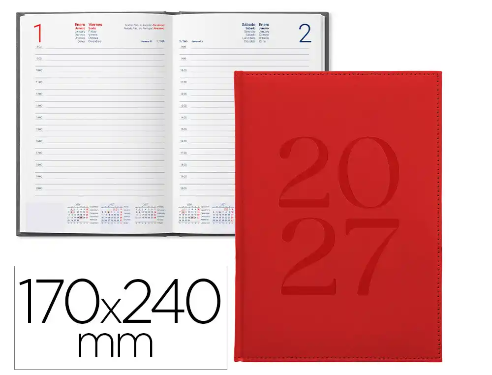 Agenda oficina liderpapel 2027 encuadernada creta dia pagina 170x240 mm bilingue 70g papel fsc rojo