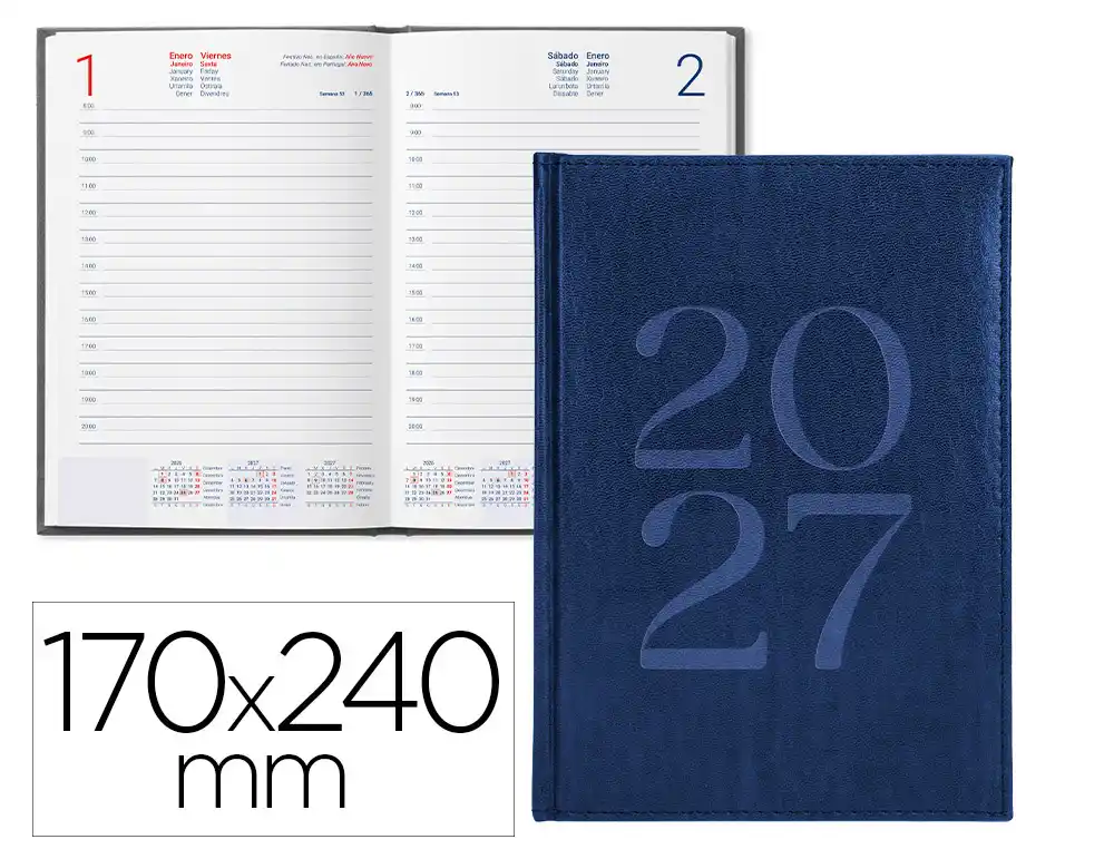Agenda oficina liderpapel 2027 encuadernada creta dia pagina 170x240 mm bilingue 70g papel fsc azul