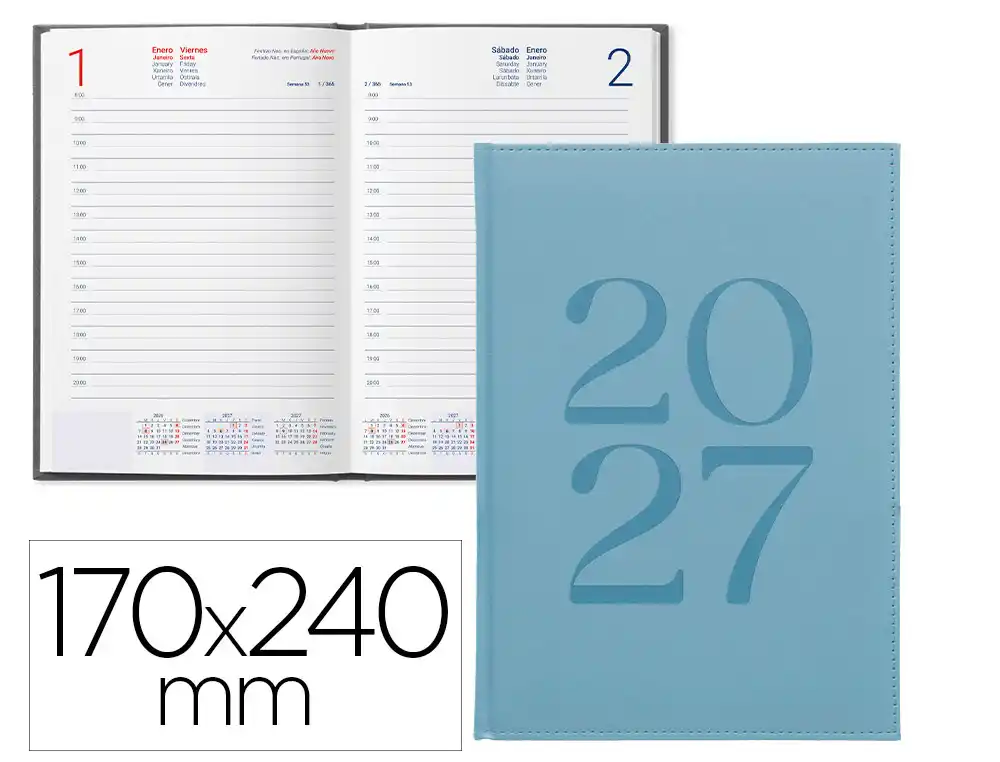 Agenda oficina liderpapel 2027 encuadernada creta dia pagina 170x240 mm bilingue 70g papel fsc celeste