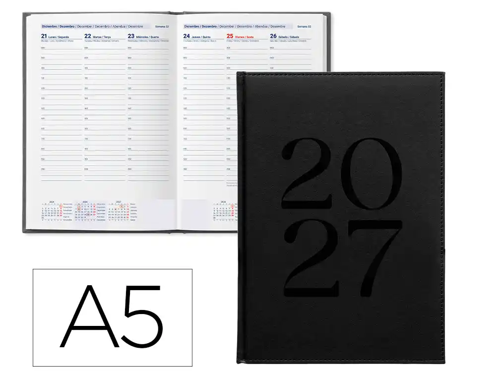 Agenda oficina liderpapel 2027 encuadernada creta semana vista a5 bilingue 70g papel fsc negro