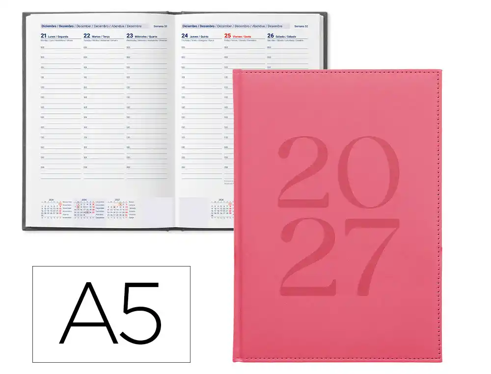 Agenda oficina liderpapel 2027 encuadernada creta semana vista a5 bilingue 70g papel fsc rosa