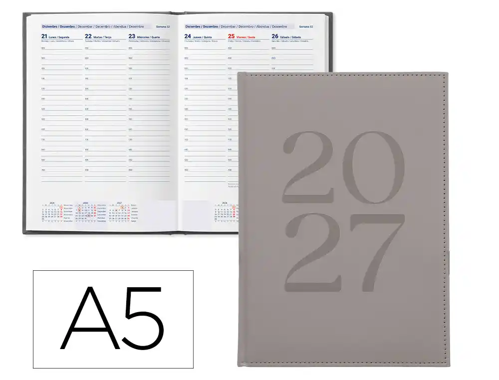 Agenda oficina liderpapel 2027 encuadernada creta semana vista a5 bilingue 70g papel fsc gris