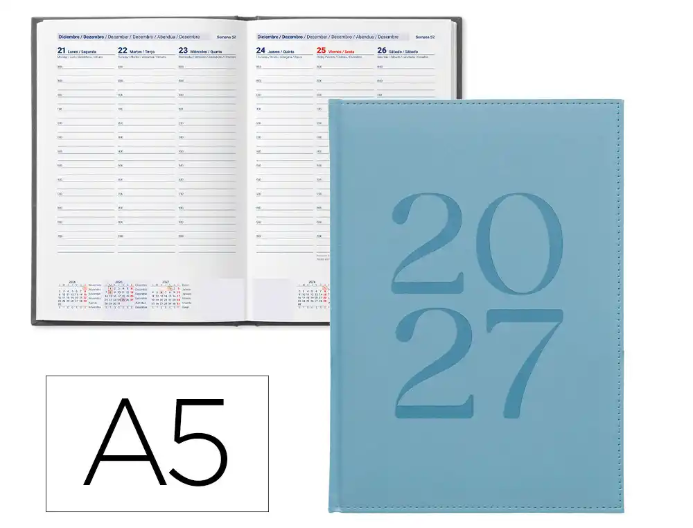 Agenda oficina liderpapel 2027 encuadernada creta semana vista a5 bilingue 70g papel fsc celeste tapa dura
