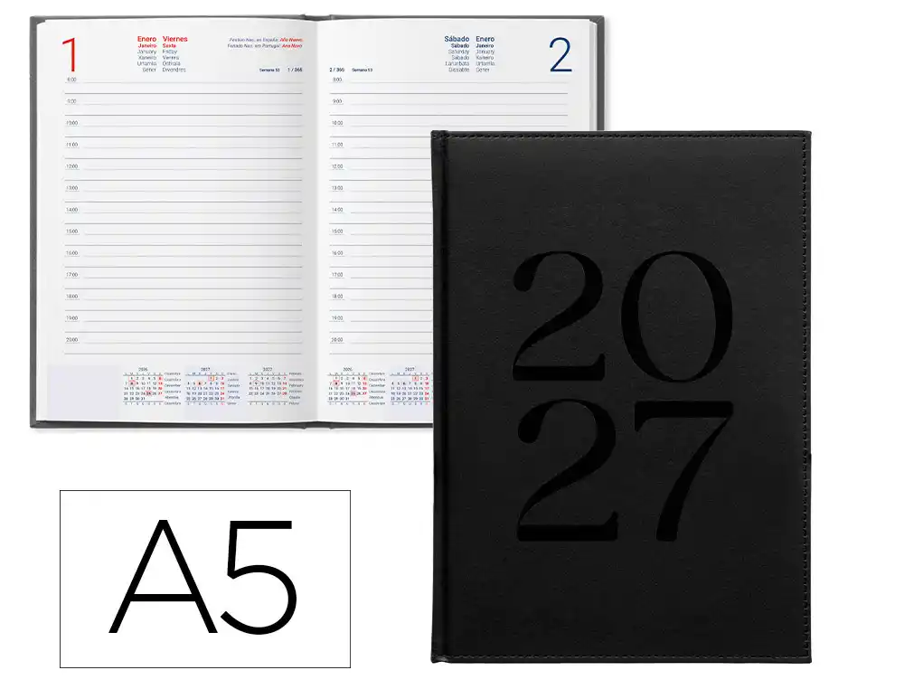 Agenda oficina liderpapel 2027 encuadernada creta dia pagina a5 bilingue 70g papel fsc negro