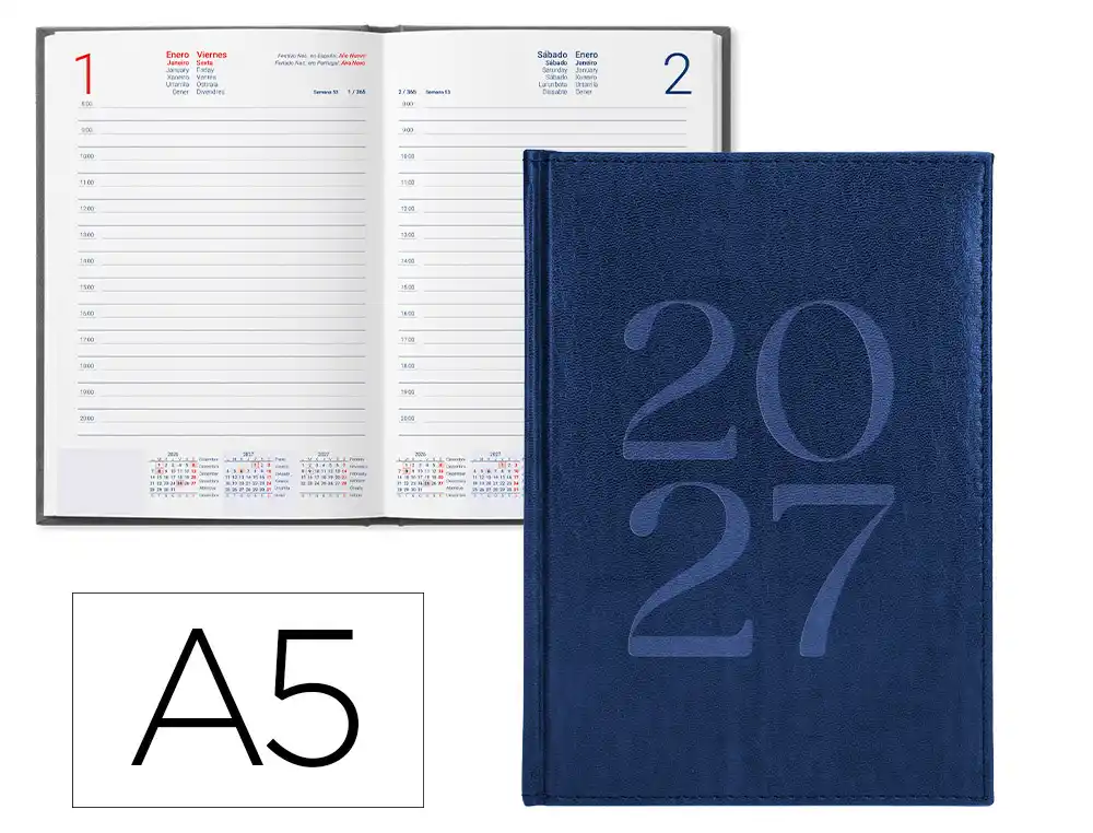 Agenda oficina liderpapel 2027 encuadernada creta dia pagina a5 bilingue 70g papel fsc azul