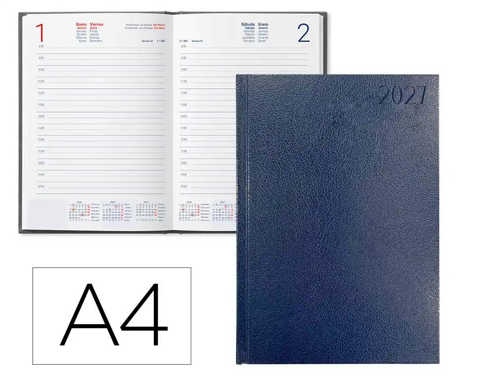 Agenda oficina liderpapel 2027 encuadernada corfu dia pagina a4 bilingue 60g papel fsc azul