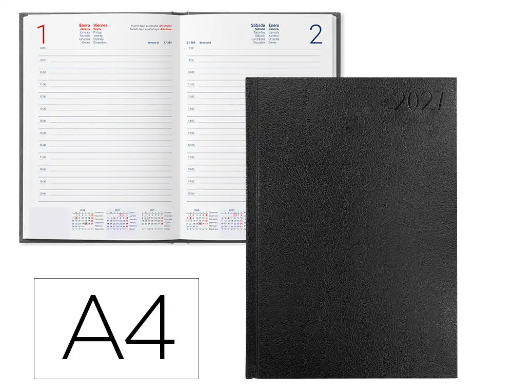 Agenda oficina liderpapel 2027 encuadernada corfu dia pagina a4 bilingue 60g papel fsc negro
