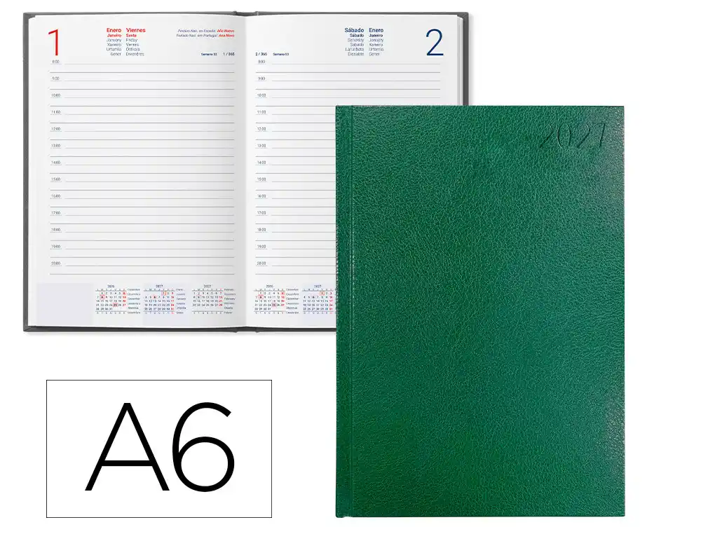 Agenda oficina liderpapel 2027 encuadernada corfu dia pagina a6 bilingue 60g papel fsc verde