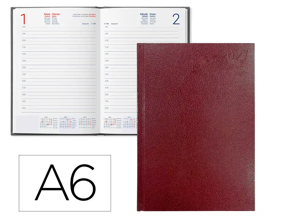 Agenda oficina liderpapel 2027 encuadernada corfu dia pagina a6 bilingue 60g papel fsc rojo
