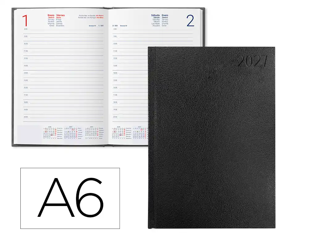 Agenda oficina liderpapel 2027 encuadernada corfu dia pagina a6 bilingue 60g papel fsc negro