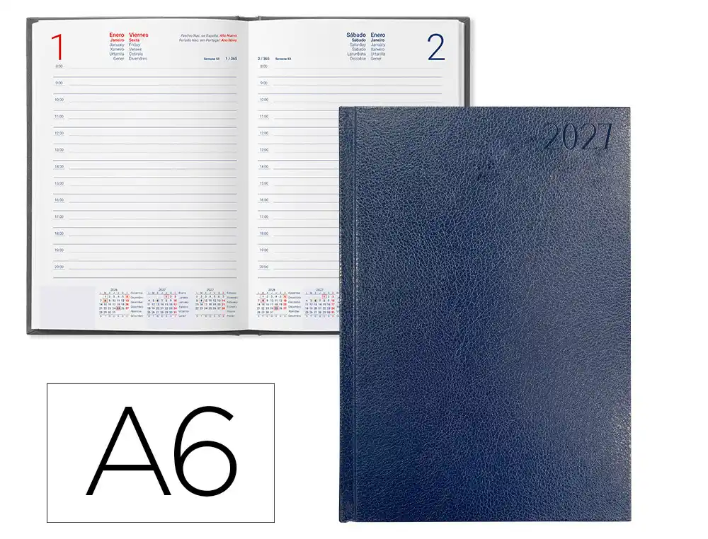 Agenda oficina liderpapel 2027 encuadernada corfu dia pagina a6 bilingue 60g papel fsc azul