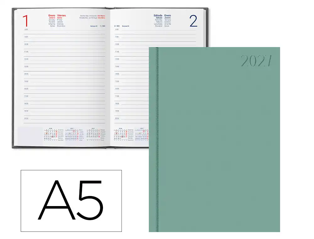 Agenda oficina liderpapel 2027 encuadernada corfu dia pagina a5 bilingue 60g papel fsc menta