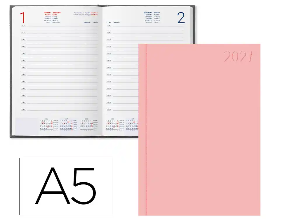 Agenda oficina liderpapel 2027 encuadernada corfu dia pagina a5 bilingue 60g papel fsc rosa claro
