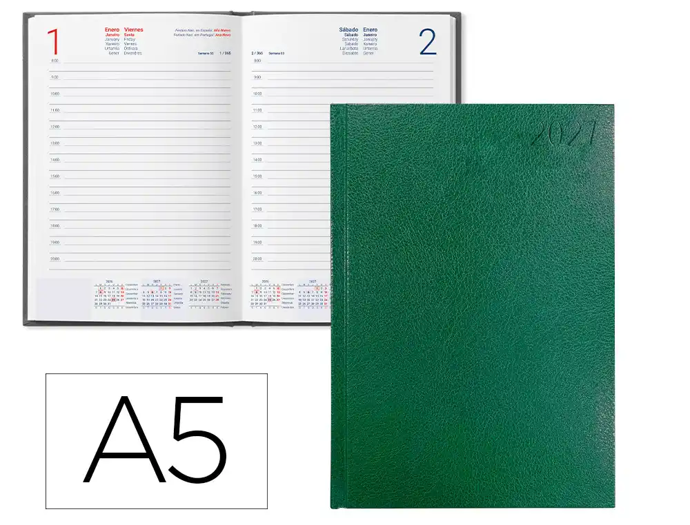 Agenda oficina liderpapel 2027 encuadernada corfu dia pagina a5 bilingue 60g papel fsc verde