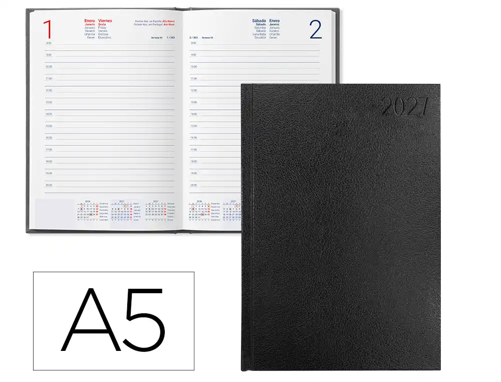 Agenda oficina liderpapel 2027 encuadernada corfu dia pagina a5 bilingue 60g papel fsc negro