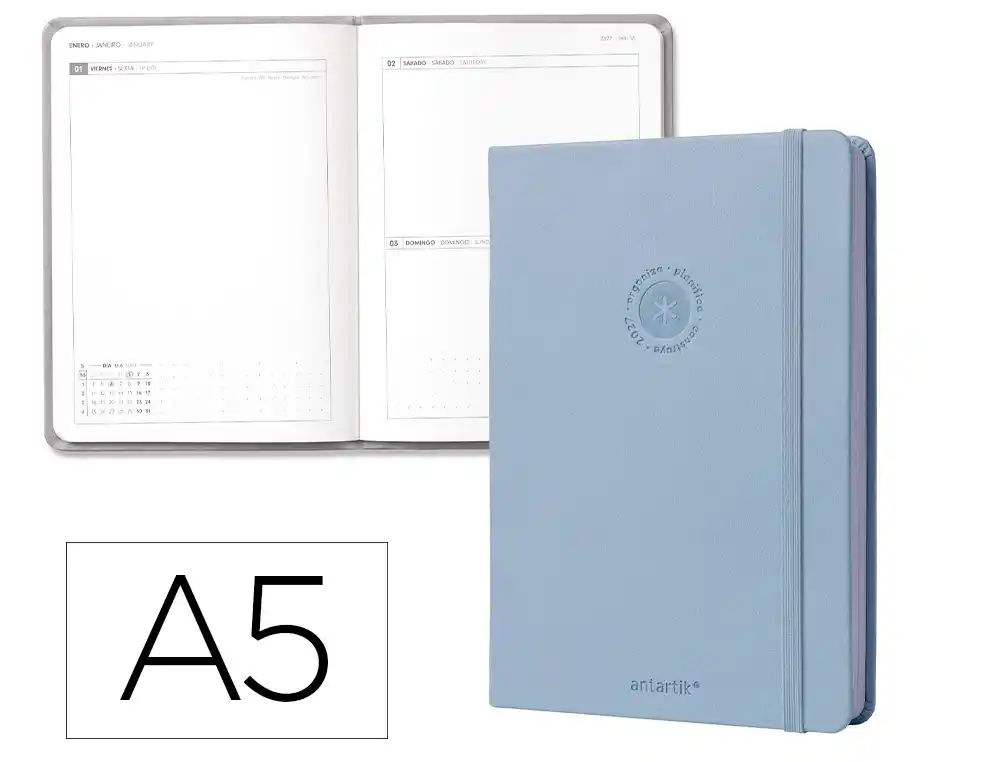 Agenda oficina antartik 2027 encuadernada dia pagina a5 bilingue 70g papel fsc celeste