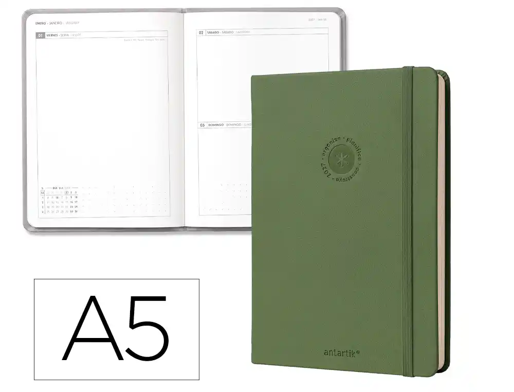 Agenda oficina antartik 2027 encuadernada dia pagina a5 bilingue 70g papel fsc verde