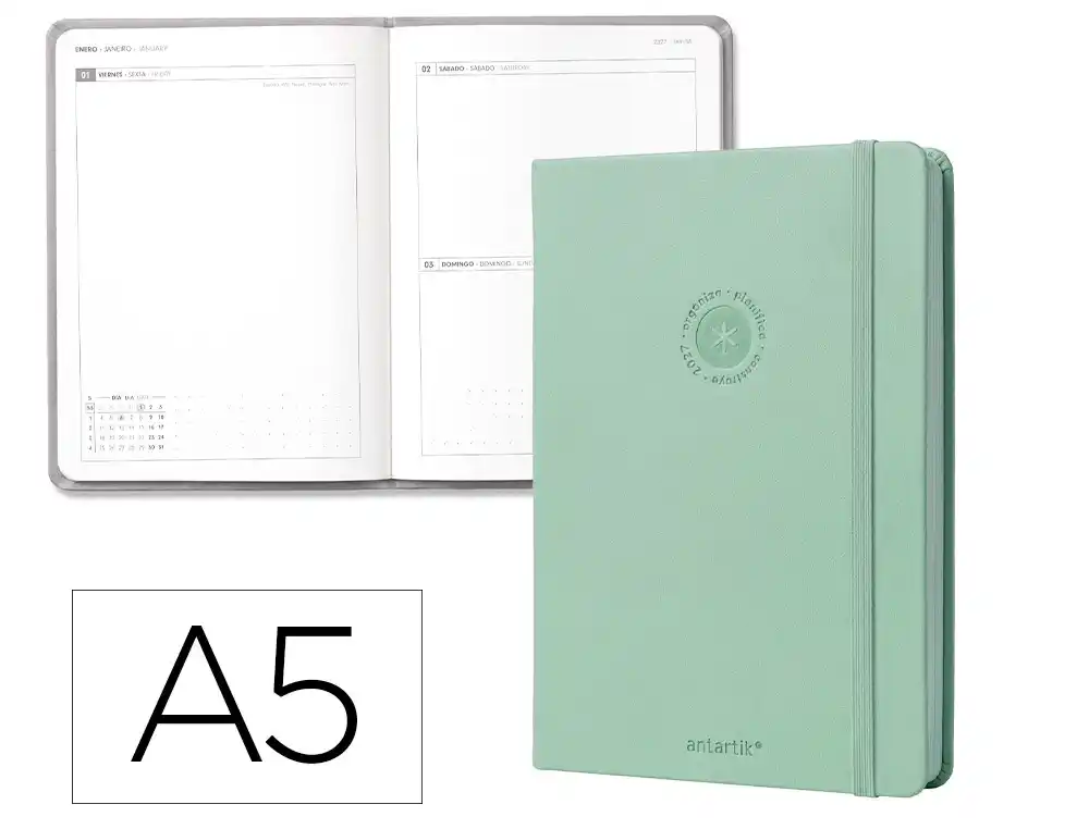 Agenda oficina antartik 2027 encuadernada dia pagina a5 bilingue 70g papel fsc menta