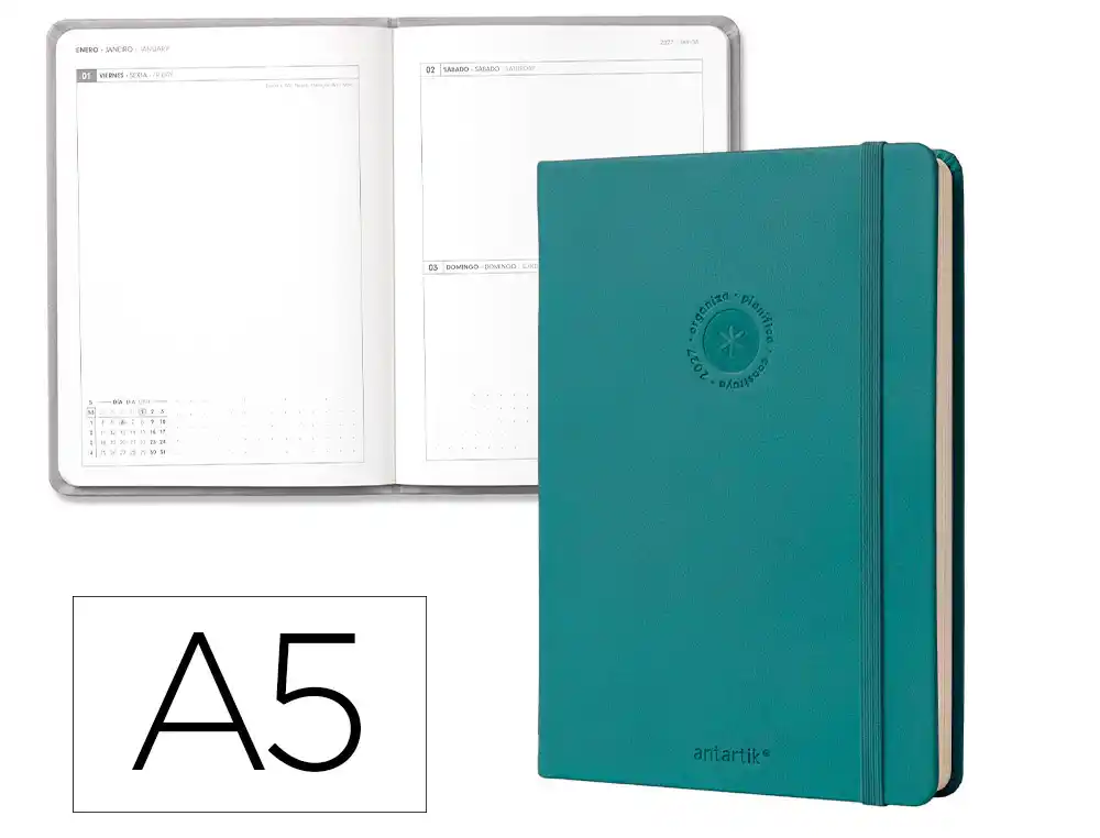 Agenda oficina antartik 2027 encuadernada dia pagina a5 bilingue 70g papel fsc turquesa